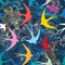 Graphic seamless pattern with colorful swallows