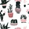 Graphic seamless pattern with cute cacti in ornated pots. Hand painted botanical illustration with watercolor and grunge textures