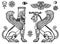 Graphic set: figures of the Assyrian mythology - a lion and a sphinx of people.