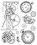 Graphic set with vintage clock mechanism in steampunk style