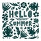 Graphic summer illustration with cutout floral elements and hand drawn lettering. Casual drawing