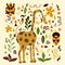 Graphic vector illustration with ornaments and symbols. A big giraffe with a long neck, African tribal masks and a