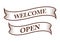 Graphic vintage welcome and open on ribbon