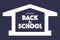 graphic white hatched inscription welcome back to school with a white house next to it on a dark blue background