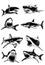 Graphical big collection of sharks isolated on white, marine life elements.Vector illustration. Seafood