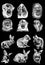 Graphical big set of bunnies and portraits of gorillas isolated on black background,vector illustration.Animals