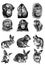 Graphical big set of bunnies and portraits of gorillas isolated on white background,vector illustration.Animals