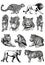 Graphical big set of tigers and lions isolated on white background,vector hand-drawn illustration