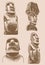Graphical big vintage set of moai statues on sepia background, vector elements. Archeological artifacts
