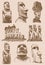 Graphical big vintage set of moai statues on sepia background, vector elements. Archeological artifacts