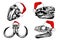 Graphical hand-drawn collection of vector skulls of dinosaurs, smilodon and mammoth in Santa Claus hats