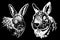 graphical portraits of bunnies isolated on black background,easter bunny element