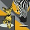 Graphical poster with head zebra closeup and cat sphinx on geometric background, vector illustration in pop art collage