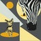 Graphical poster with head zebra closeup and cat sphinx on geometric background, vector illustration in pop art collage