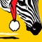 Graphical poster with head zebra in Santa Claus closeup on yellow background, illustration in pop art collage style