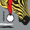Graphical poster with yellow head zebra in Santa Claus closeup on gray background, illustration in pop art collage style