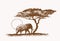 Graphical sepia illustration of elephant walking, vector