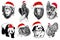 Graphical set of animals in santa claus hats isolated on white background, vector new year illustration