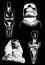Graphical set of archeological artefacts , sightseeings isolated on black background. Vector moai ,pharaoh ,holy mother