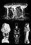 Graphical set of archeological artefacts , sightseeings isolated on black. Vector dolmens, moai pharaoh ,holy mother