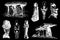 Graphical set of archeological artefacts , sightseeings. Vector dolmens, moai pharaoh ,holy mother and God ptah