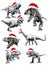 Graphical set of dinosaurs  in Santa Claus hat isolated on white background,jpg sketch,New Year illustration