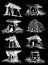 Graphical set of dolmens isolated on black background,vector engraved illustration .