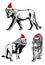 Graphical set of lions and tiger in Santa Claus hat ,vector illustration. Christmas elements