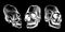 Graphical set of Mayan skulls isolated on black, long skull of ancient tribe, vector illustration,