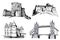 Graphical set of medieval catles isolated on white, vector illustration.Architecture