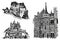 Graphical set of medieval Germany castles isolated on white background, museums . Architecture