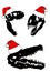 Graphical set of silhouettes of dinosaur skulls in Santa Claus red hat ,vector Christmas elements