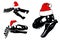 Graphical set of silhouettes of dinosaur skulls in Santa Claus red hat ,vector Christmas elements