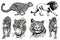Graphical set of tigers and lions isolated on white background,vector hand-drawn illustration for tattoo and printing