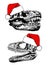 Graphical skulls of tyrannosaurus in Santa Claus hat isolated on white, vector elements, paleontology