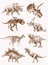 Graphical vintage set of dinosaurs , sepia background, vector illustration