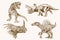 Graphical vintage set of dinosaurs, vector sepia illustration,lizards for poster and typography