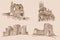 Graphical vintage set of medieval catles, vector sepia illustration.Architecture