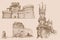 Graphical vintage set of medieval catles, vector sepia illustration.Architecture