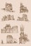 Graphical vintage set of medieval catles, vector sepia illustration.Architecture