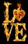graphics of a burning love inscription on a dark background