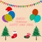 Graphics drawing card for Christmas card paper with tree balloons sock for the party card vector illustration