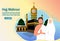 Graphics vector illustration Hajj and Umrah prayers near the Ka`bah Vector template. the background of the mosque minaret