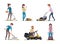 Grass care. Male and female characters cutting green grass with lawn mowing machine exact vector cartoon people in
