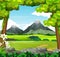 Grass Field View With Trees and Mountain Range Cartoon