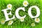 Grass with flowers and white text ECO