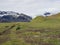 Grass footpath and hill with view on glacier Skaftafellsjokull, Vatnajokull spur in Skaftafell Park, South Iceland