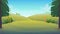 Grass glade lawn in the forest background, joyful bright kids green field, cartoon style hill summer sun clear sky with clouds