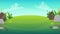 Grass glade lawn in the forest background, joyful bright kids green field, cartoon style hill summer sun clear sky with clouds