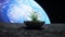 Grass in glass sphere in outer space. Ecology concept. 3d rendering.